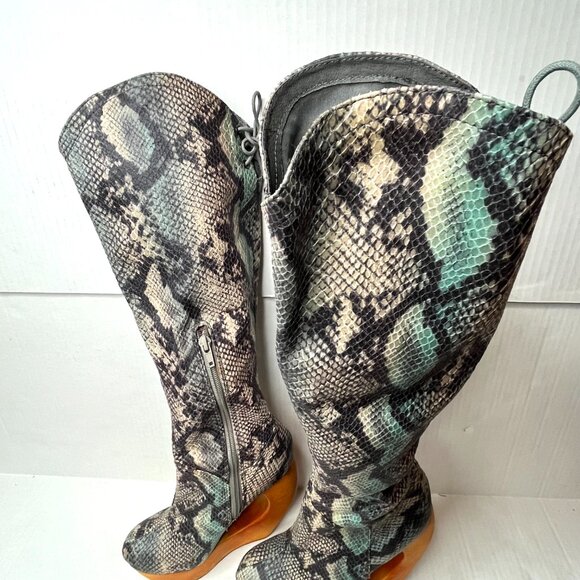 Jeffrey Campbell Rockferry Boots Size 7 Blue Snakeskin Brown Platform Knee High - Picture 5 of 17